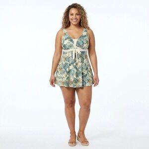 Ecupper Women Tropical‎ Palm Floral Swim Dress Green Cream 4XL NEW Modest